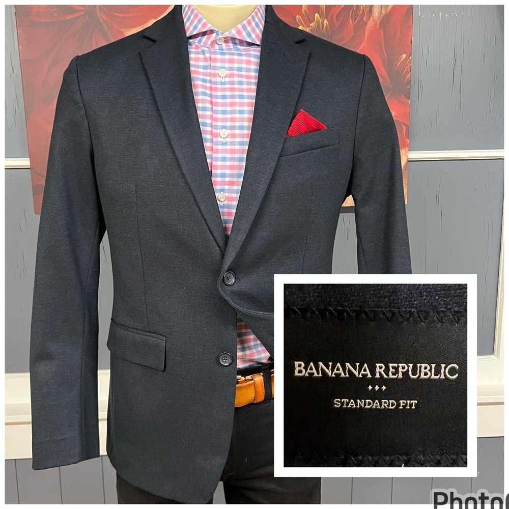 Banana Republic Blazer Jacket Mens 40R Tailored Slim Fit Polyester Stretch Navy